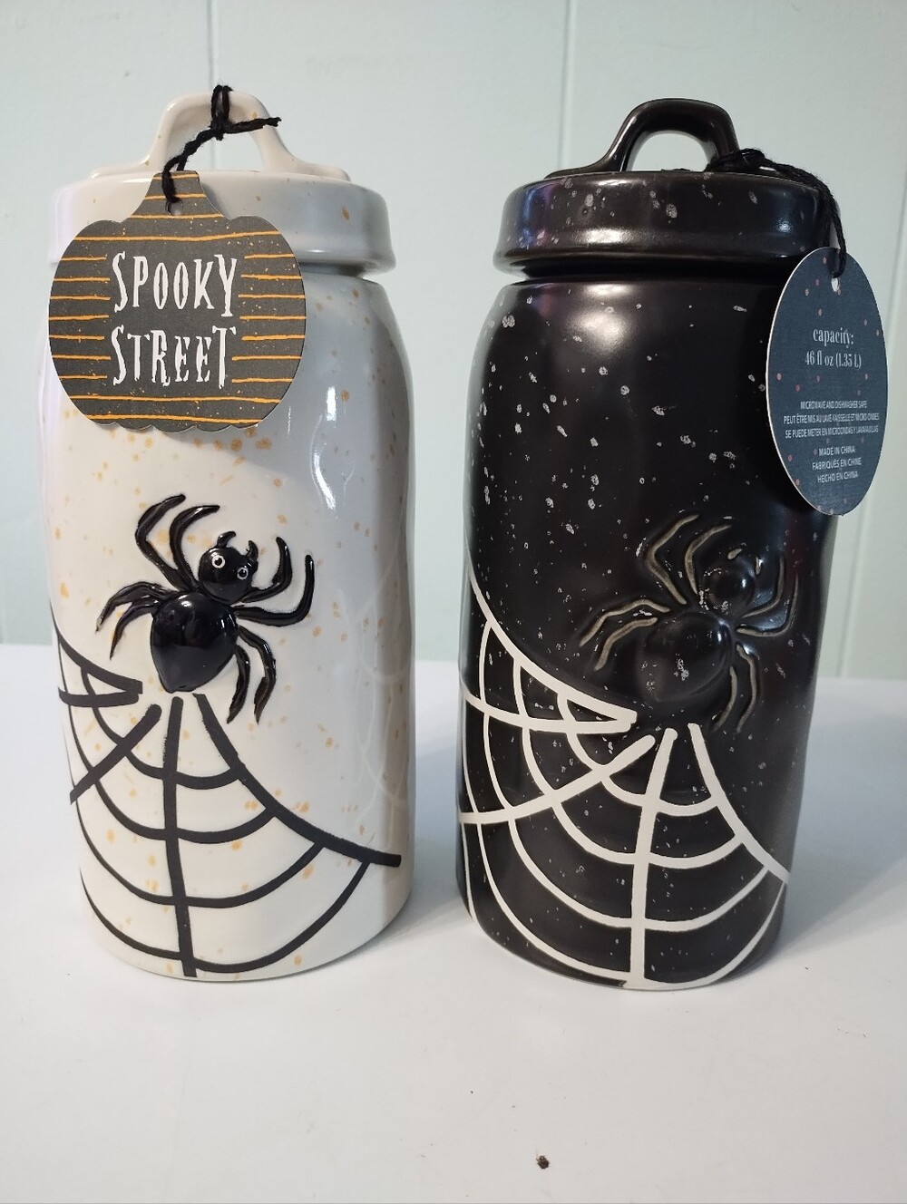 NWT (2) Global Home Spider Canisters - White and Black Ceramic Home Accent